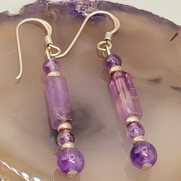 Sterling Silver Amethyst Gemstone Beaded Dangle Earrings - Picture 3 of 5